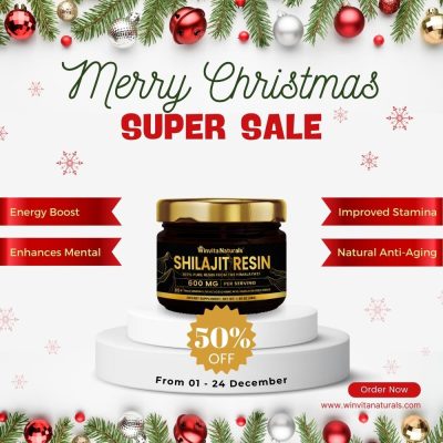 Festive Christmas sale advertisement featuring a jar of Winvita Naturals Shilajit Resin with '50% OFF' offer, set against a backdrop of holiday decorations like red baubles, white snowflakes, and greenery, highlighting benefits such as energy boost, mental enhancement, improved stamina, and natural anti-aging.