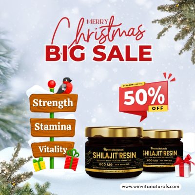 Festive Christmas sale advertisement with 'Merry Christmas BIG SALE' in bold red letters, showcasing Winvita Naturals' Shilajit Resin jars against a snowy background, with a discount tag of 50% off, and wooden signposts reading 'Strength', 'Stamina', and 'Vitality'.
