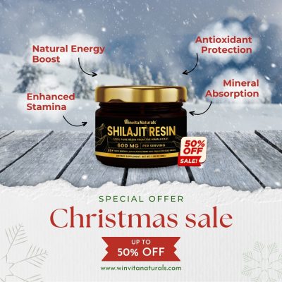 A promotional image for a Christmas sale featuring Winvita Naturals' Shilajit Resin with a 50% off label. The jar is placed on a snow-covered surface with snowflakes falling in the background, surrounded by labels highlighting benefits like Natural Energy Boost, Enhanced Stamina, Antioxidant Protection, and Mineral Absorption.