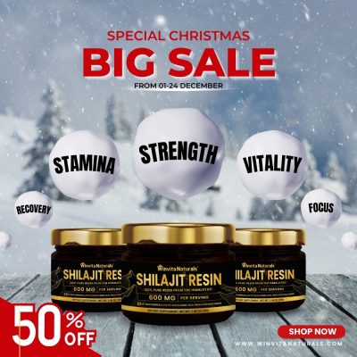 Winter sale advertisement showing three jars of Winvita Naturals Shilajit Resin with highlighted benefits: Stamina, Strength, Vitality, and Focus, against a snowy background with a '50% OFF' banner and a call to action 'SHOP NOW'.