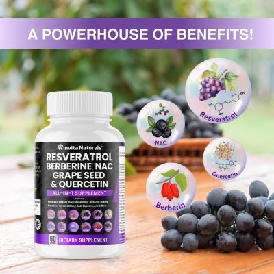A bottle of Winvita Naturals Resveratrol, Berberine, NAC, Grape Seed & Quercetin supplements is displayed with illustrations of grapes, blueberries, and a berberine plant, signifying the natural ingredients and health benefits contained within.