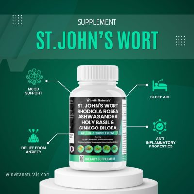 A bottle of Winvita Naturals St. John's Wort supplement with highlighted benefits for mood support, sleep aid, anxiety relief, and anti-inflammatory properties, against a deep green background with icons representing each benefit.