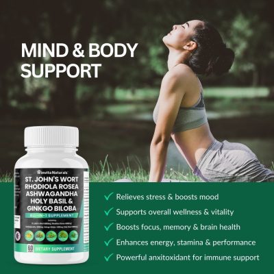A bottle of Winvita Naturals dietary supplement, labeled 'St. John's Wort, Rhodiola Rosea, Ashwagandha, Holy Basil & Ginkgo Biloba', with checkboxes listing benefits like stress relief and mood boost, placed against a backdrop of a woman in a yoga pose outdoors.