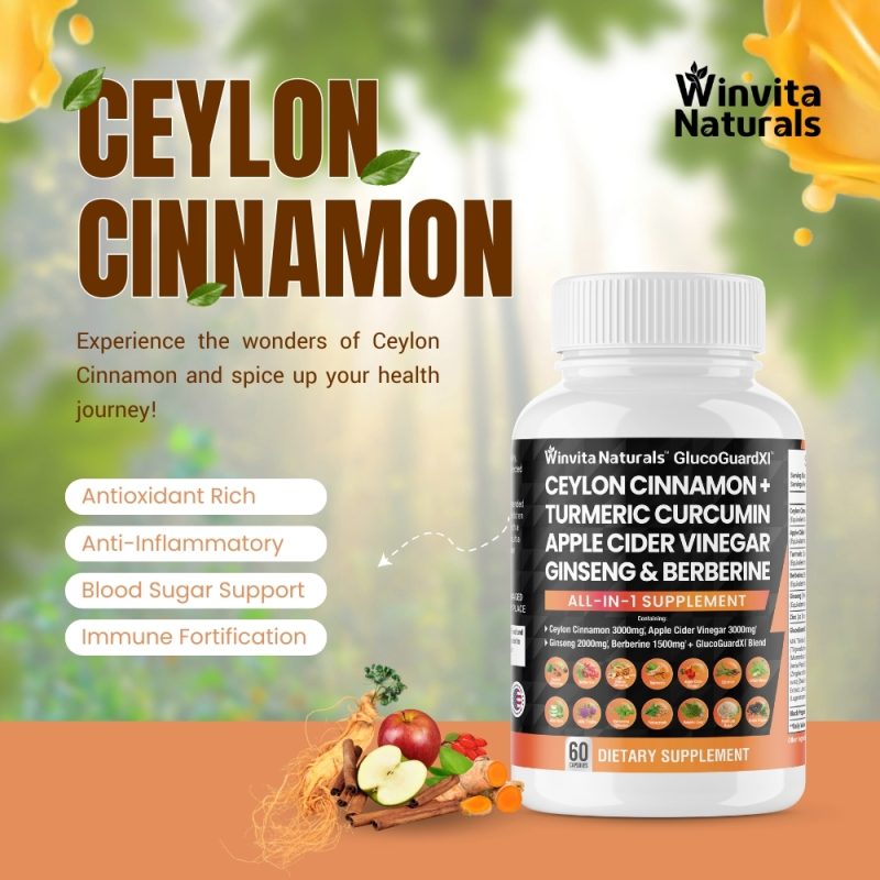 A promotional image showcasing Winvita Naturals' Ceylon Cinnamon and other natural ingredients supplement. The bottle is displayed in front of a vibrant background with cinnamon sticks, an apple, and orange slices, highlighting the product's antioxidant, anti-inflammatory, blood sugar support, and immune fortification benefits.