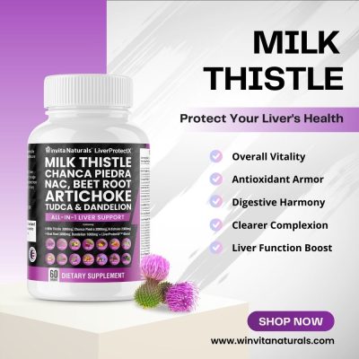 A white bottle of Winvita Naturals' Milk Thistle dietary supplement is displayed, highlighting liver health benefits like overall vitality, antioxidant armor, digestive harmony, clearer complexion, and liver function boost, with a pink thistle flower beside it.
