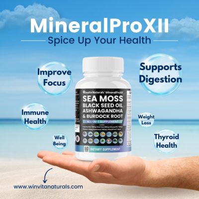 An open palm holds a bottle of MineralProXII dietary supplement against a blue sky and fluffy cloud background. The label highlights key ingredients like Sea Moss, Black Seed Oil, Ashwagandha, and Burdock Root. Bubbles with benefits such as 'Improve Focus', 'Immune Health', 'Supports Digestion', 'Weight Loss', and 'Thyroid Health' encircle the bottle.