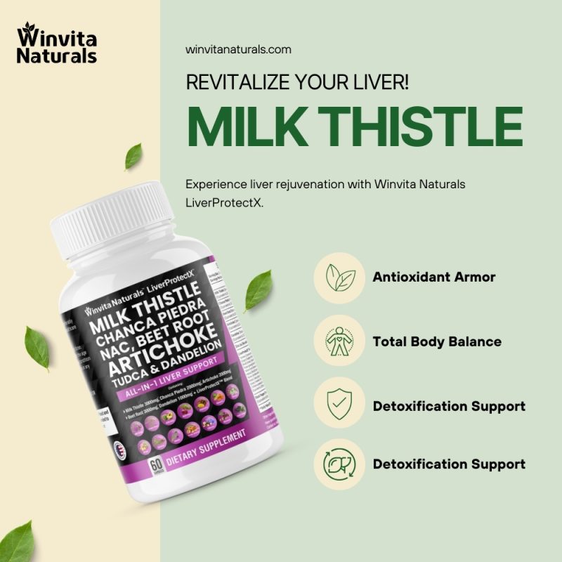 An advertisement for Winvita Naturals Milk Thistle supplement, showcasing a bottle with capsules alongside benefits like Antioxidant Armor, Total Body Balance, and Detoxification Support, set against a light green background with leaf motifs, emphasizing liver health and natural wellbeing.
