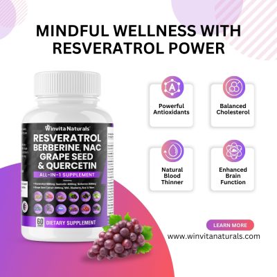 Promotional image of Winvita Naturals' dietary supplement bottle, labeled as containing Resveratrol, Berberine, NAC, Grape Seed, and Quercetin. It highlights health benefits like powerful antioxidants, balanced cholesterol, natural blood thinning, and enhanced brain function. A cluster of grapes is shown at the bottom, with a call to action 'LEARN MORE' and the website link www.winvitanaturals.com displayed.