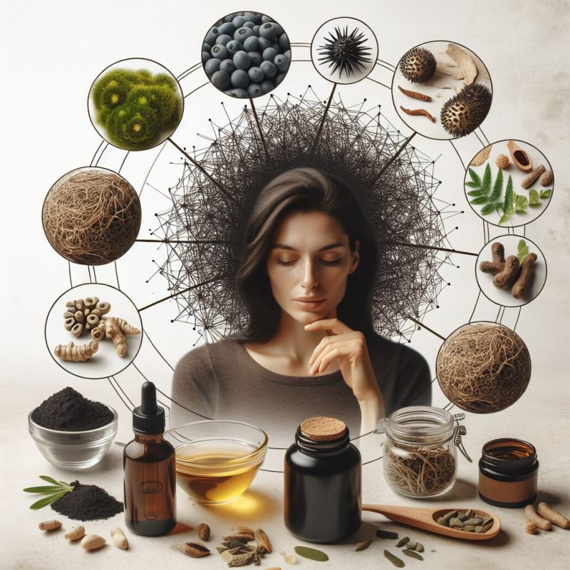 A serene woman with a complex network of lines symbolizing thoughts extending from her head, surrounded by various natural elements and supplements like berries, leaves, and seeds, suggesting a connection between nature and mental wellness.