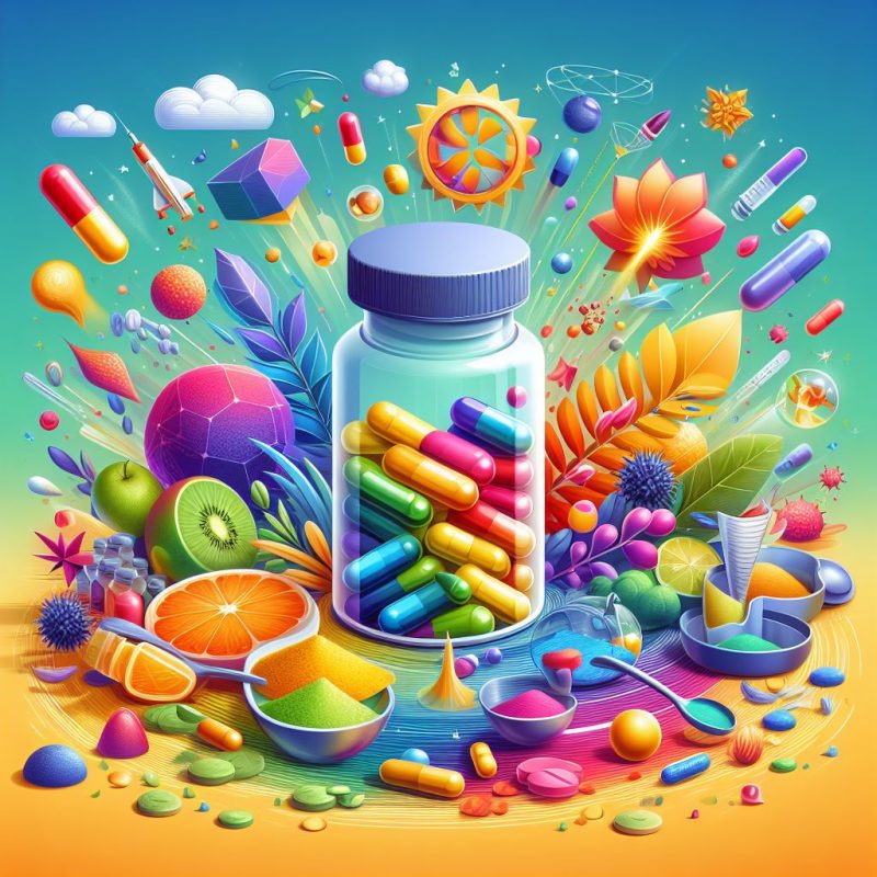 A vibrant explosion of health supplements and vitamins spilling from an open bottle into a colorful, fantastical scene with fruits, sports equipment, weather elements, and flowers, symbolizing a variety of health benefits and energetic lifestyle.
