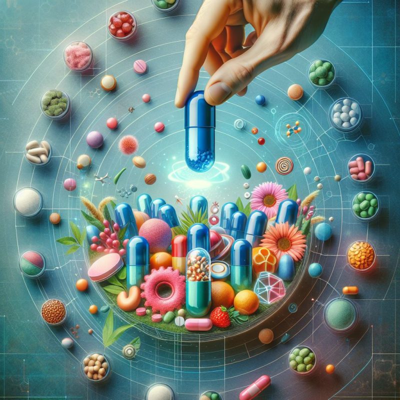 A hand opens a large capsule, revealing a vibrant array of fruits, vegetables, nuts, seeds, and smaller capsules, symbolizing a fusion of natural ingredients and dietary supplements on an illustrated cosmic background.