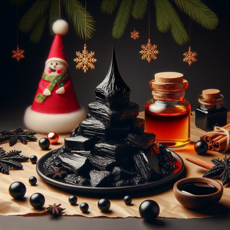 Festive Christmas setting with a pile of black Shilajit resin on a plate, a small bottle of golden liquid, cinnamon sticks, and holiday decorations including a Santa hat and snowflakes.
