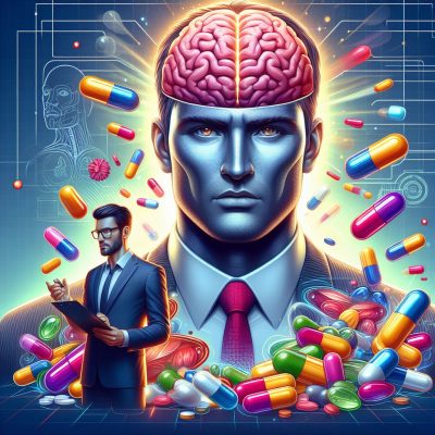 Vivid illustration of a man in a suit with an exposed brain filled with pink neural matter, surrounded by an array of floating colorful capsules and pills, symbolizing cognitive enhancement and nootropics.