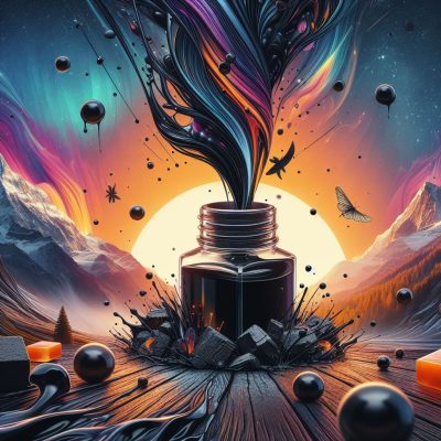 An artistic, vibrant image showcasing a supplement bottle as the centerpiece, from which a dynamic swirl of colorful, ribbon-like streams flows upwards, against a backdrop of a mountainous landscape at sunset with the sky transitioning from warm oranges to cool blues, speckled with floating spheres, birds, and a butterfly.
