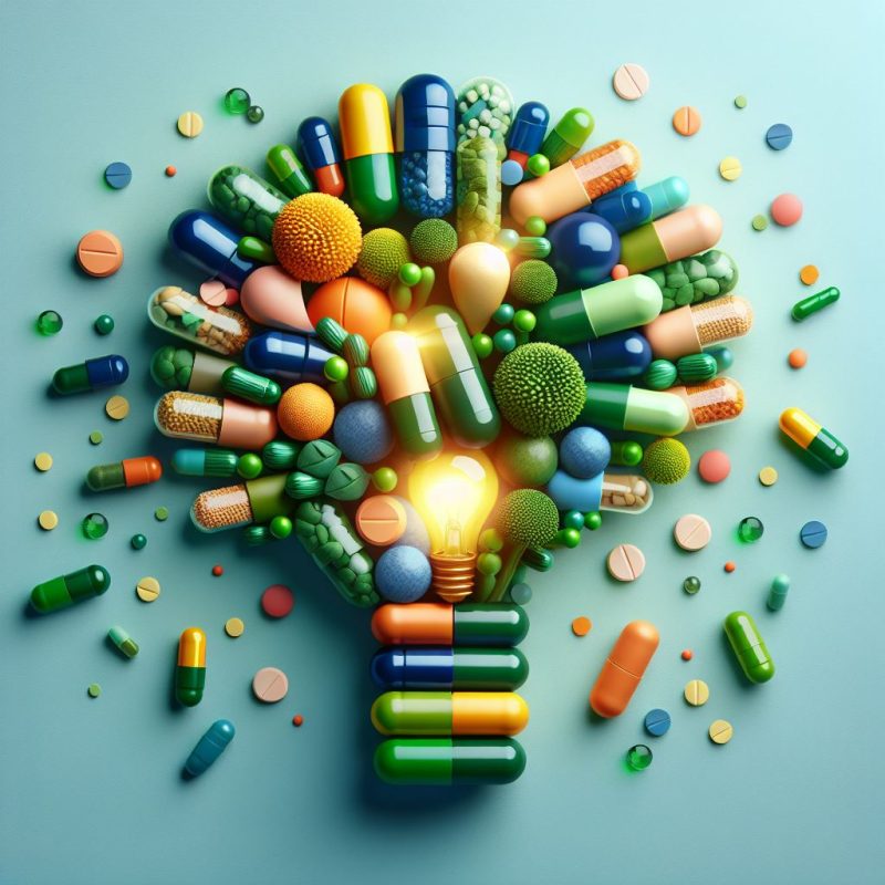 A glowing lightbulb is at the center of an explosion of various colorful pills and capsules on a teal background, representing innovation in nutritional supplements and health.