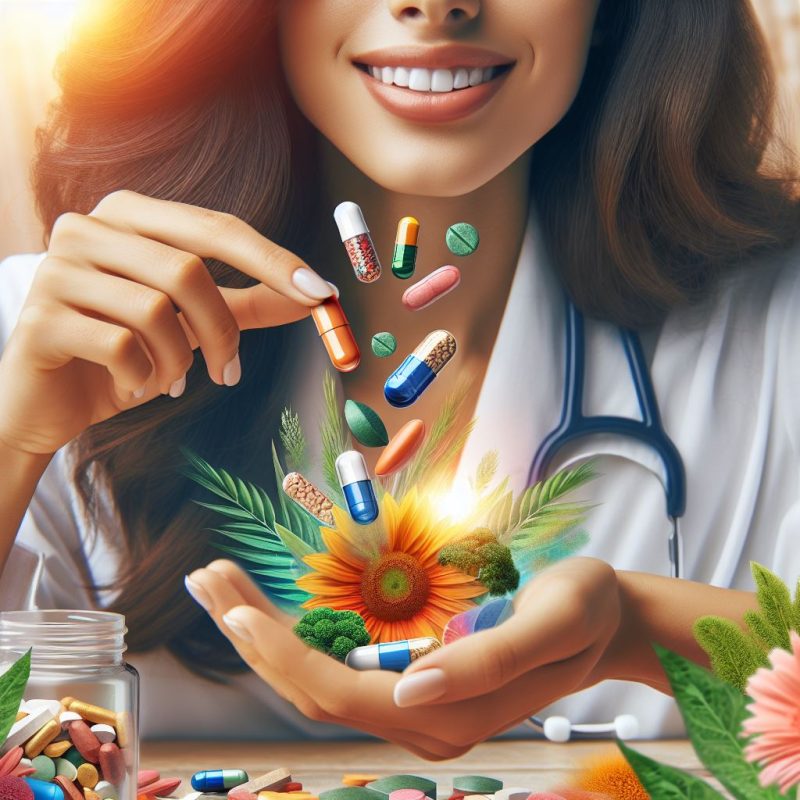 A radiant woman in a lab coat joyfully selects a capsule from a variety of colorful pills and capsules floating above her open palm, symbolizing the choice of health supplements.