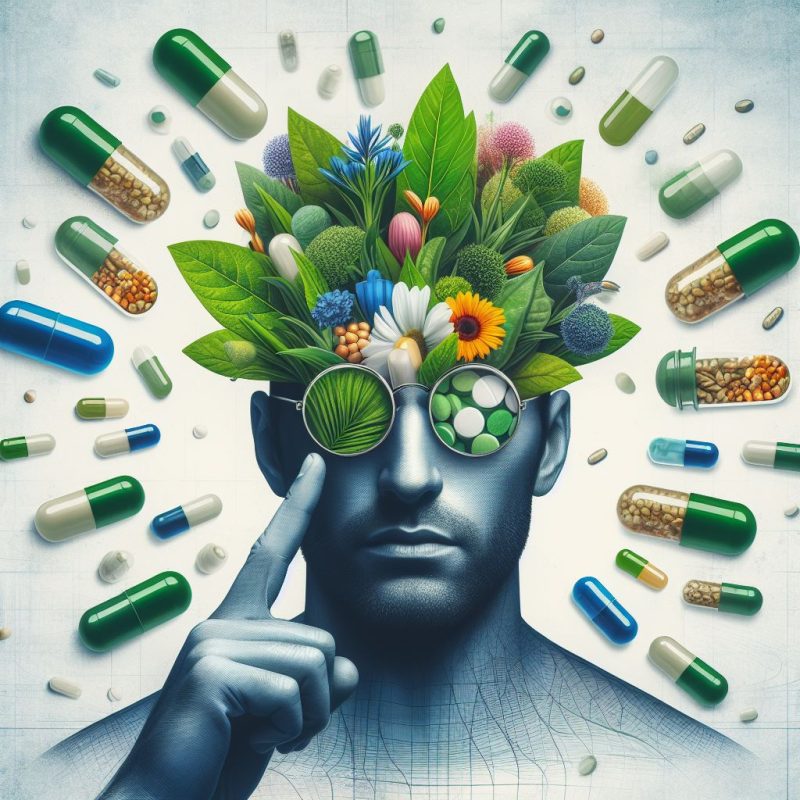 Illustration of a man's face with vibrant green leaves, colorful flowers, and various supplements in capsule form sprouting from the top of the head, conveying a concept of mental vitality and the connection between nature, health, and wellness.