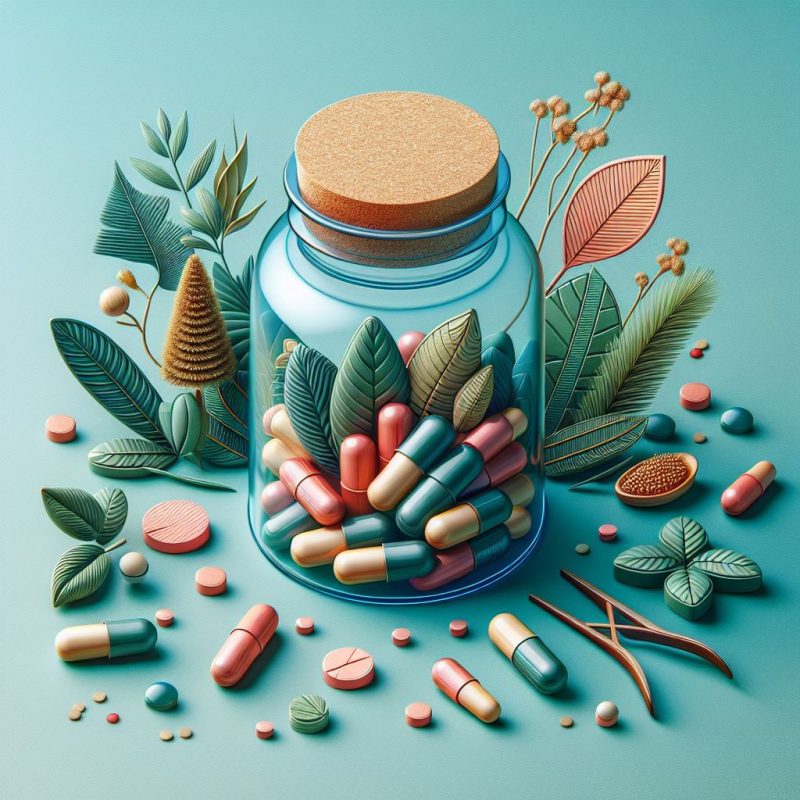 A vibrant glass jar overflows with colorful capsules and tablets surrounded by a variety of stylized, botanical illustrations on a pastel blue background, symbolizing a blend of natural health supplements.