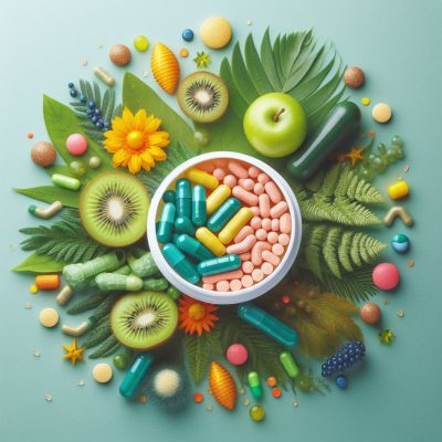 A top-down composition featuring a bowl of pink tablets surrounded by a variety of colorful pills, fresh fruits like kiwi and apple, and green leaves, all laid out on a soft teal background.