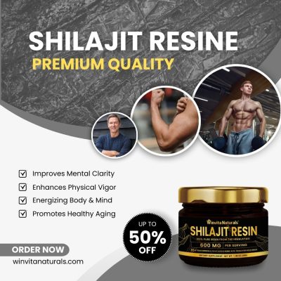 Marketing image for Winvita Naturals Shilajit Resin showcasing the product's benefits for mental clarity, physical vigor, and healthy aging, with a 50% off sale banner.