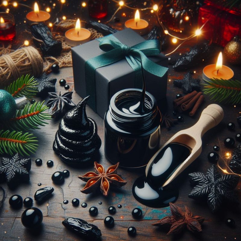 A holiday-themed image featuring a jar of dark, viscous liquid, possibly Shilajit, with a wooden scoop, alongside candles, a grey gift box with a teal ribbon, pine branches, and Christmas decorations on a wooden table.