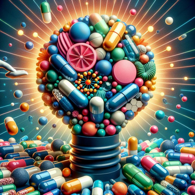 A vibrant explosion of various pills and capsules forming a lightbulb, symbolizing innovation in pharmaceuticals.