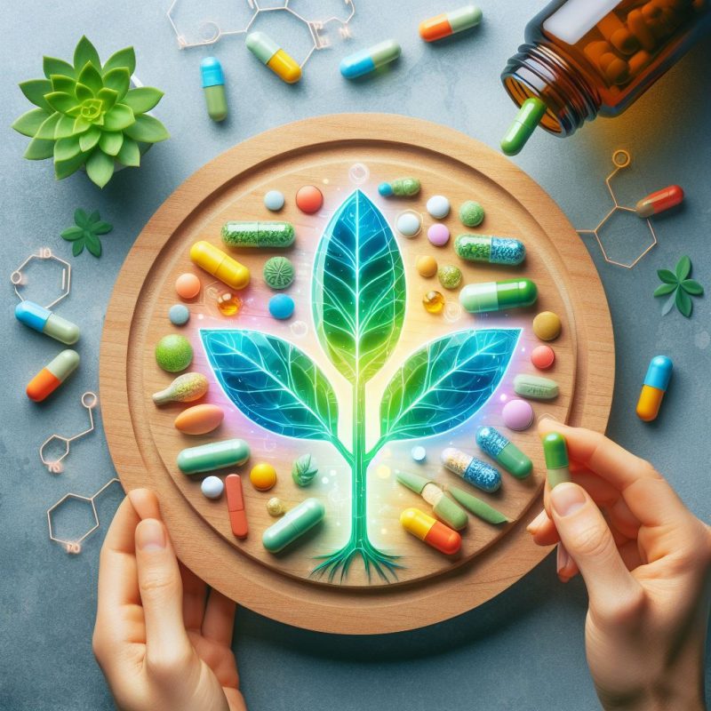 An artistic representation of a vibrant, colorful plant formed by an array of dietary supplements and capsules on a wooden plate, symbolizing the concept of plant-based nutrition and supplements, with a person's hands placing a capsule on the plate.