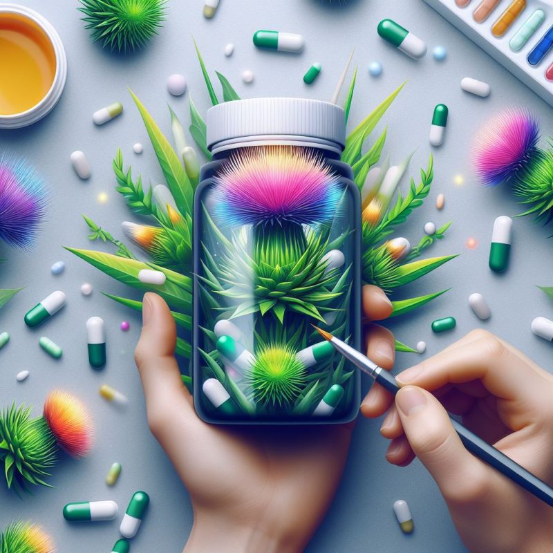 A hand holds a supplement bottle showcasing a vibrant, artistic rendering of flora, with pills and plant elements scattered around, illustrating a concept of nature-infused health supplements.