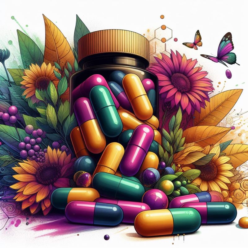 A vibrant artwork featuring an overflowing bottle of colorful capsules amidst a lush backdrop of various flowers, leaves, and butterflies, symbolizing a blend of nature and supplements.