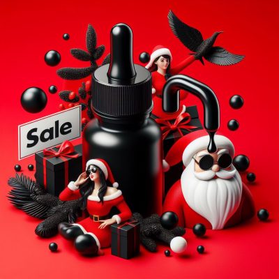 Festive holiday-themed image featuring a black dropper bottle with a viscous liquid pouring out, surrounded by Christmas decorations including a Santa figure, a woman in a Santa costume, gift boxes, holly berries, and a 'Sale' sign, all set against a vibrant red background.