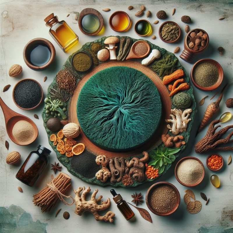 A collection of natural supplements and herbs arranged artistically around a carved wooden piece resembling a tree's annual rings, symbolizing holistic health and well-being.