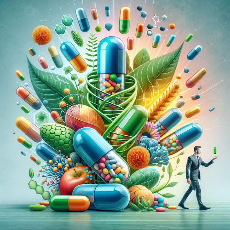 A vibrant digital artwork showcasing a man in a suit walking towards a large, colorful array of nutritional supplements, fruits, and vegetables that are bursting out of a giant pill capsule, symbolizing the blend of natural ingredients in dietary supplements.