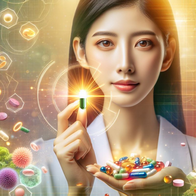 A close-up image of a young woman in a white coat holding a glowing capsule between her fingers, with a palm full of various colorful pills and a backdrop of digital graphics representing scientific research.