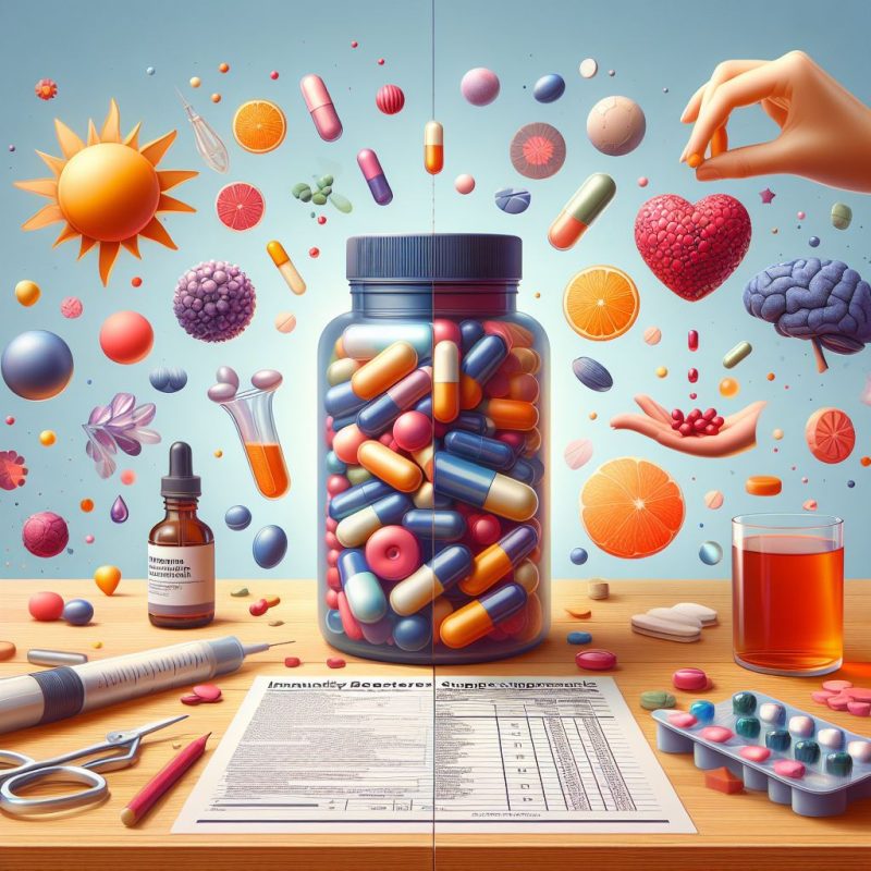 An imaginative representation of health and medicine featuring a large bottle filled with colorful capsules amidst floating healthcare symbols like a sun, brain, heart, fruits, and a syringe. A human hand is depicted picking a capsule, suggesting personal health management.