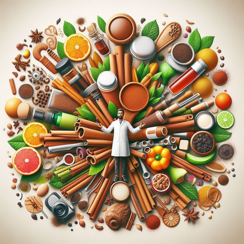 A symmetrical arrangement of various spices, herbs, and skincare products forming a radial pattern around a central figure of a man in a white coat, suggesting a theme of natural health and wellness. Ingredients include cinnamon sticks, star anise, nuts, citrus fruits, and beauty bottles, alluding to the use of natural elements in health and skincare.