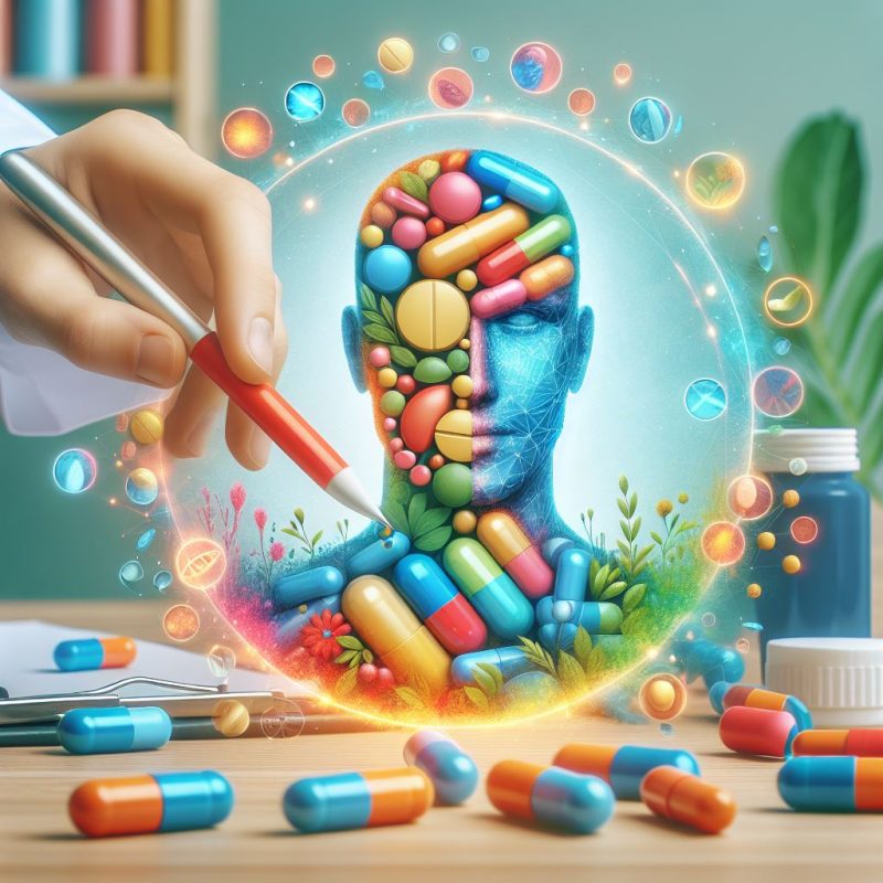 Illustration of a hand holding a pen that draws a human head profile filled with colorful pills, fruits, and vegetables, surrounded by bubbles and plant elements, representing the concept of nutraceuticals and brain health.