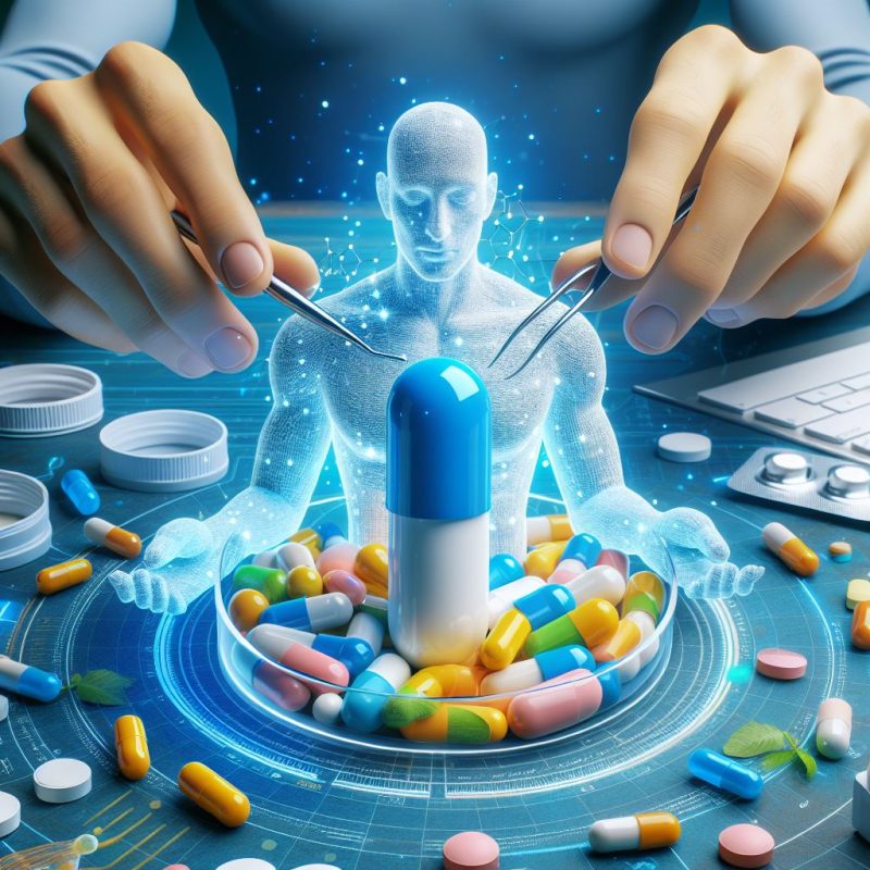 Digital artwork of hands using tweezers to open a large capsule, revealing a glowing hologram of a human figure, surrounded by an array of colorful pills and tablets on a high-tech interface.