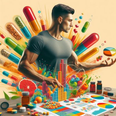 Illustration of a man in a gray t-shirt interacting with a vibrant array of health supplements, fruits, and analytical data. He’s gesturing towards colorful bar graphs and charts that represent health statistics, with an explosion of pills, capsules, and natural foods radiating around him, symbolizing the intersection of nutrition, health data, and personal wellness.