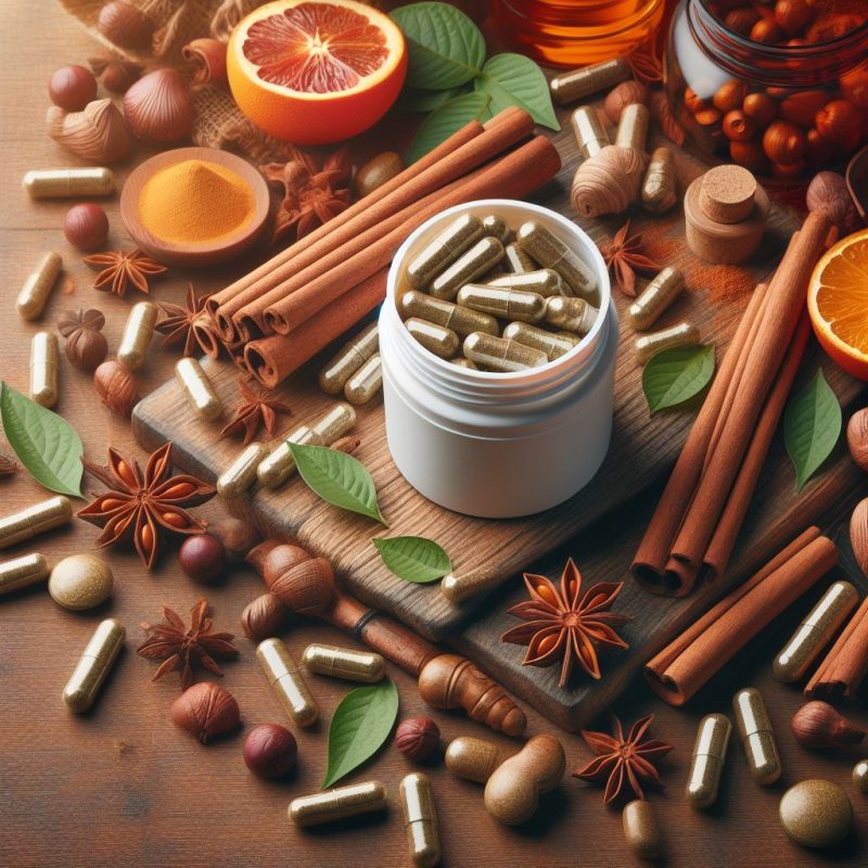A variety of herbal supplements in capsule form are displayed in an open white container, surrounded by aromatic cinnamon sticks, star anise, hazelnuts, and citrus fruits on a rustic wooden table, evoking a sense of natural wellness.