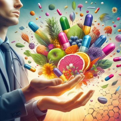 A healthcare professional holding an array of vibrant fruits, vegetables, and capsules, symbolizing the fusion of natural and supplemental nutrition.