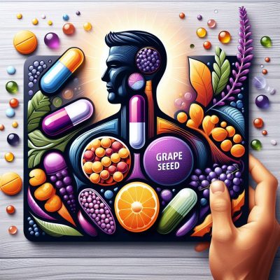 Vibrant illustration featuring a profile silhouette of a man filled with various colorful fruits, vegetables, and supplement capsules, prominently highlighting a 'Grape Seed' capsule. The image symbolizes a holistic approach to health, with a hand pointing to the grape seed supplement, set against a backdrop of a wooden texture.