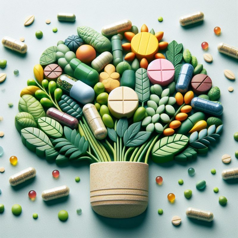 A creative display of a bouquet made from an assortment of colorful pills, capsules, and tablets, artistically arranged with green leaf-like elements to resemble a flourishing plant in a tan pot, symbolizing the growth and vitality associated with taking dietary supplements.