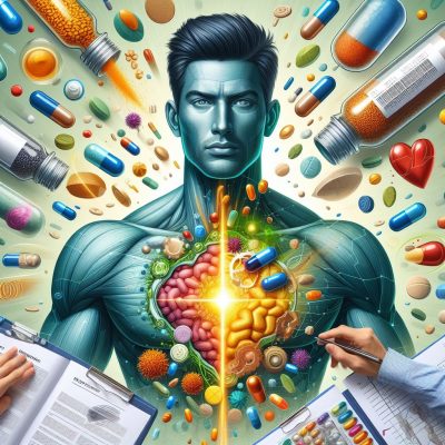 Illustration of a male figure with an anatomical view showing internal organs and a vibrant display of fruits, vegetables, and capsules representing nutrients and supplements, highlighting the concept of internal health and vitality.